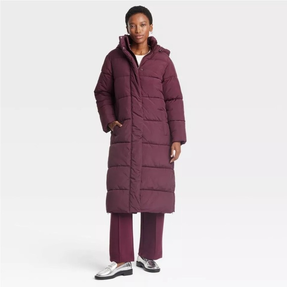 Women's Hooded Duvet Puffer Jacket - A New Day Burgundy XS. - Picture 2 of 2
